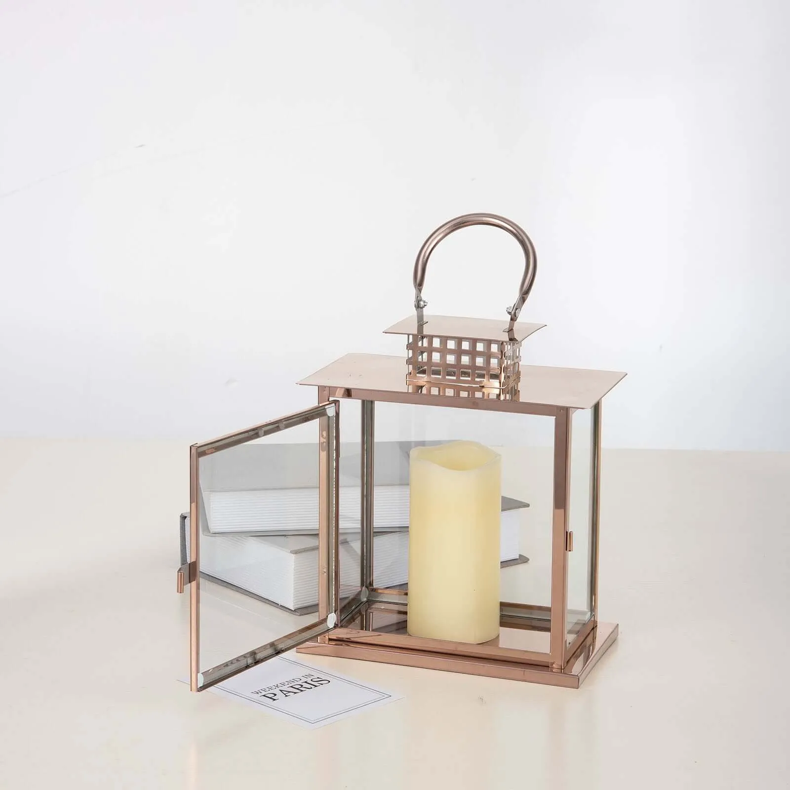 10" Rose Gold Cage Top Stainless Steel Candle Lantern Centerpiece Outdoor Metal Patio Lantern