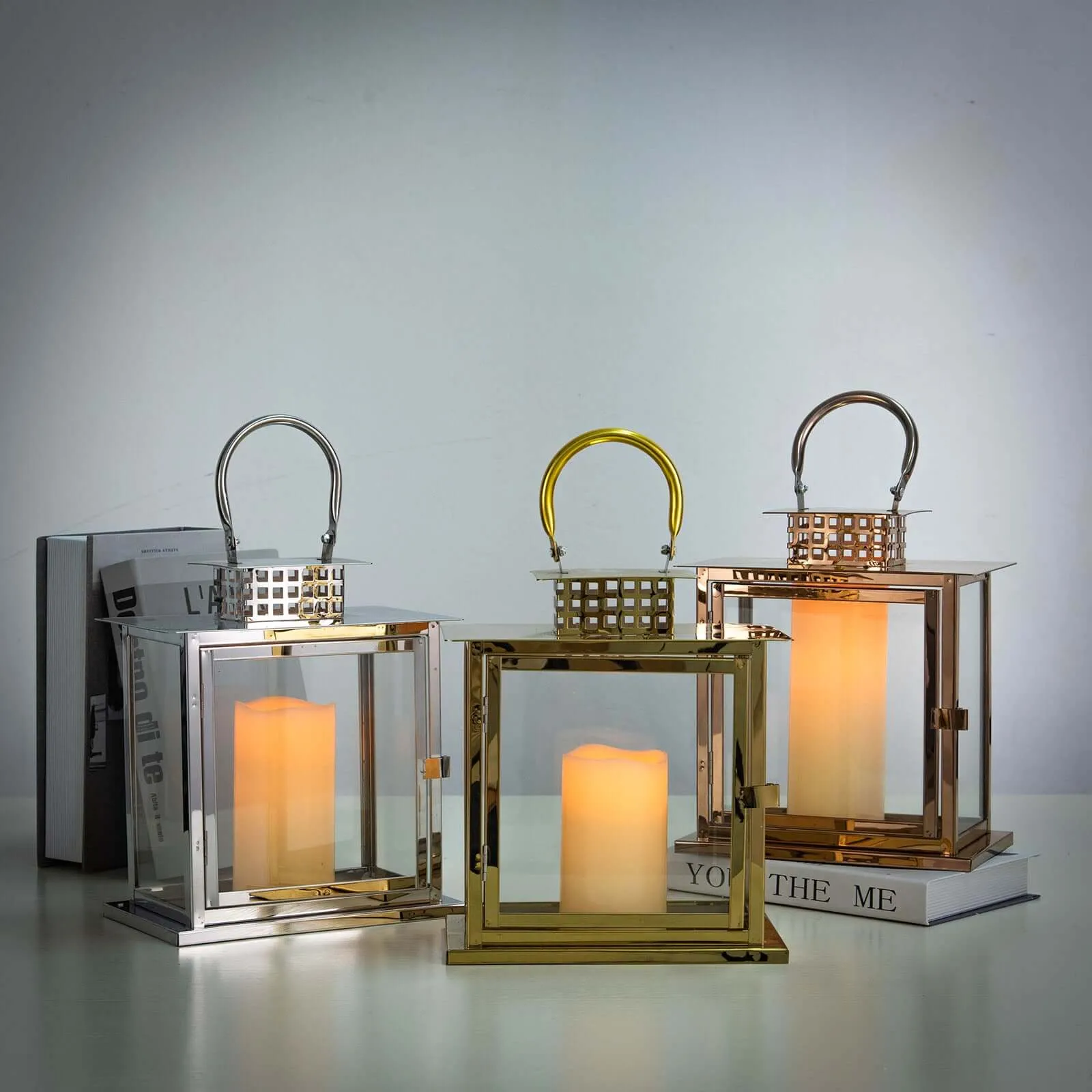10" Rose Gold Cage Top Stainless Steel Candle Lantern Centerpiece Outdoor Metal Patio Lantern
