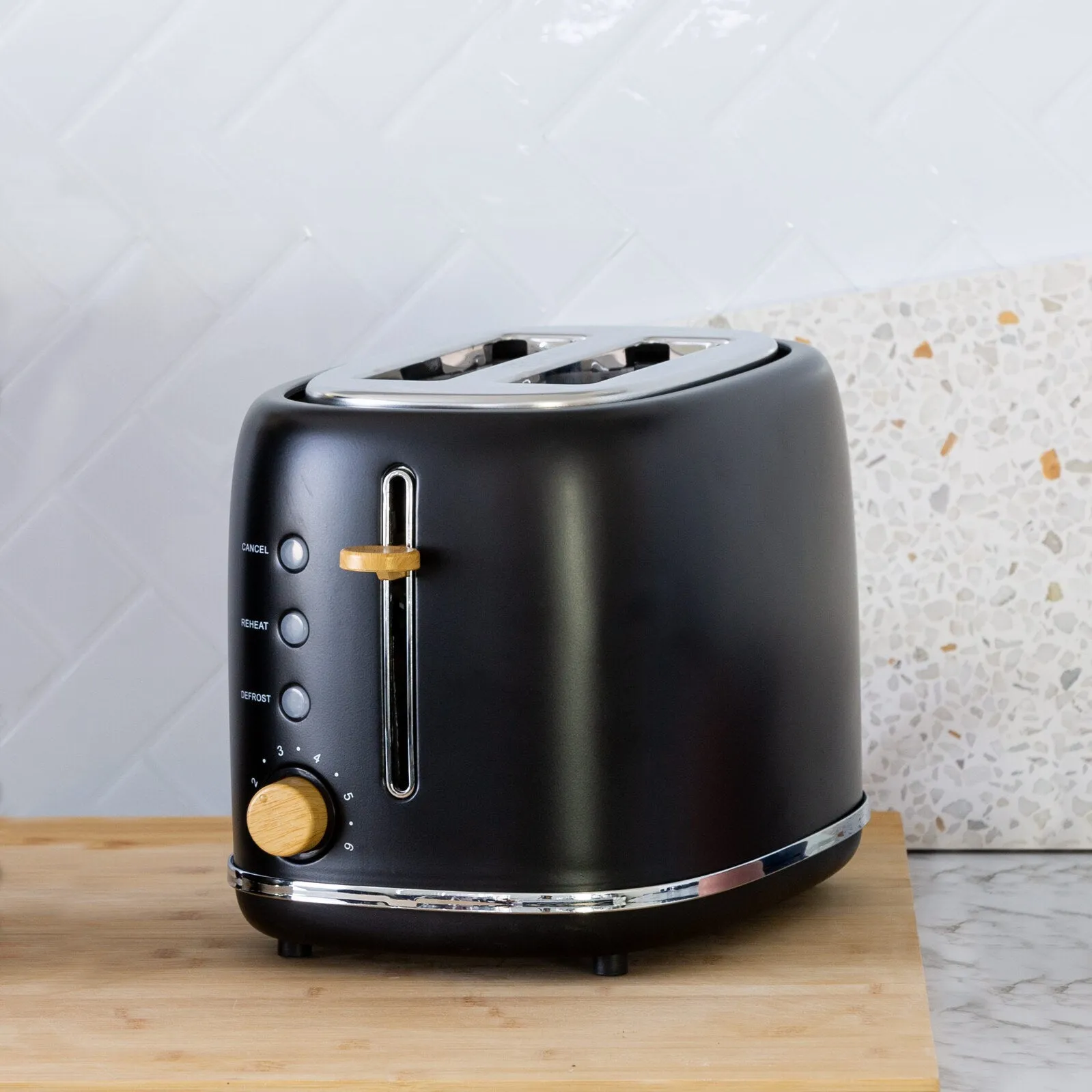 2-Slice Bread Toaster | Black with Wood Accents | Stylish & Efficient