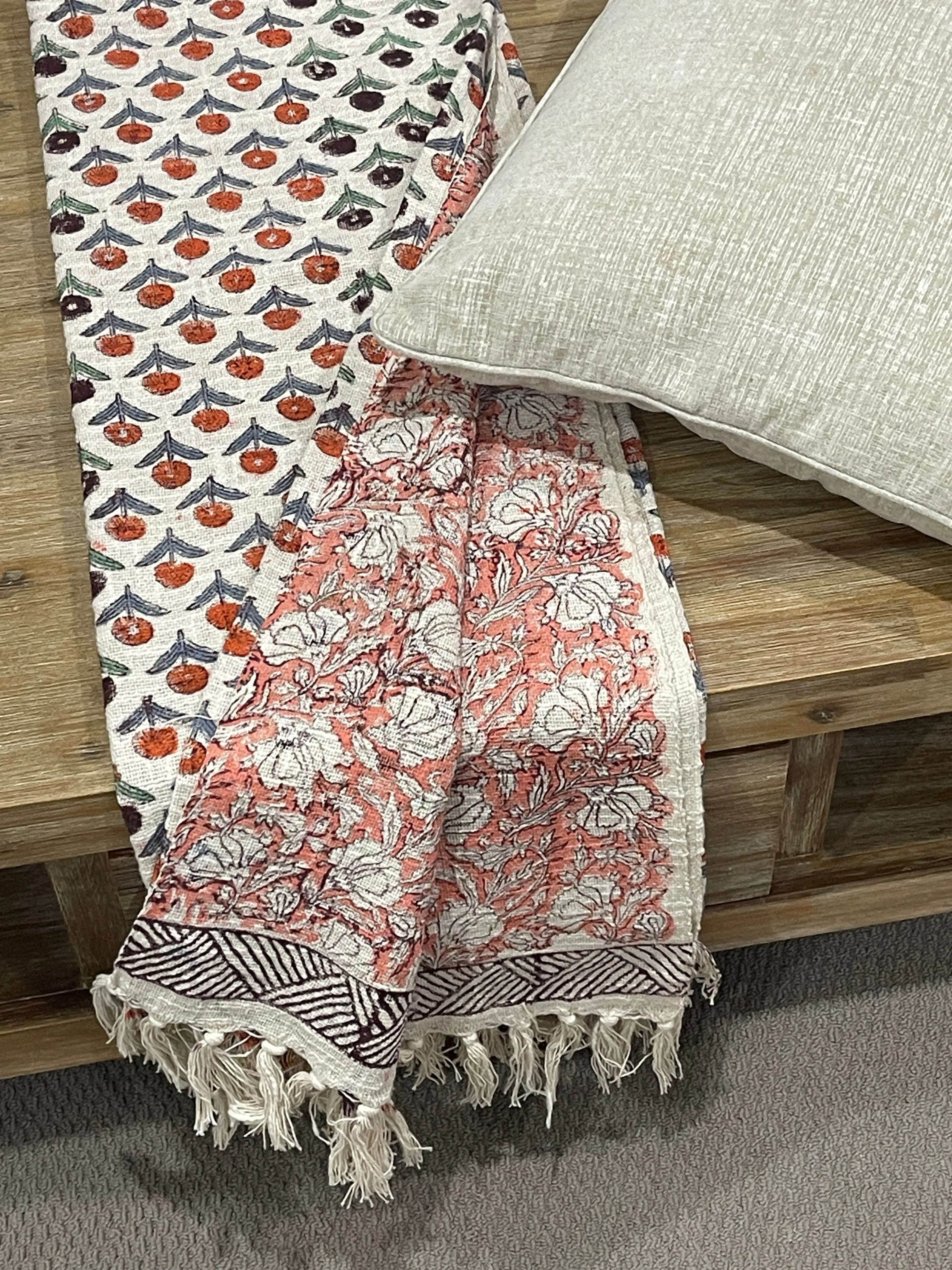 Bohemian Hand Block Bud Printed Cotton Bedding Throw Blanket