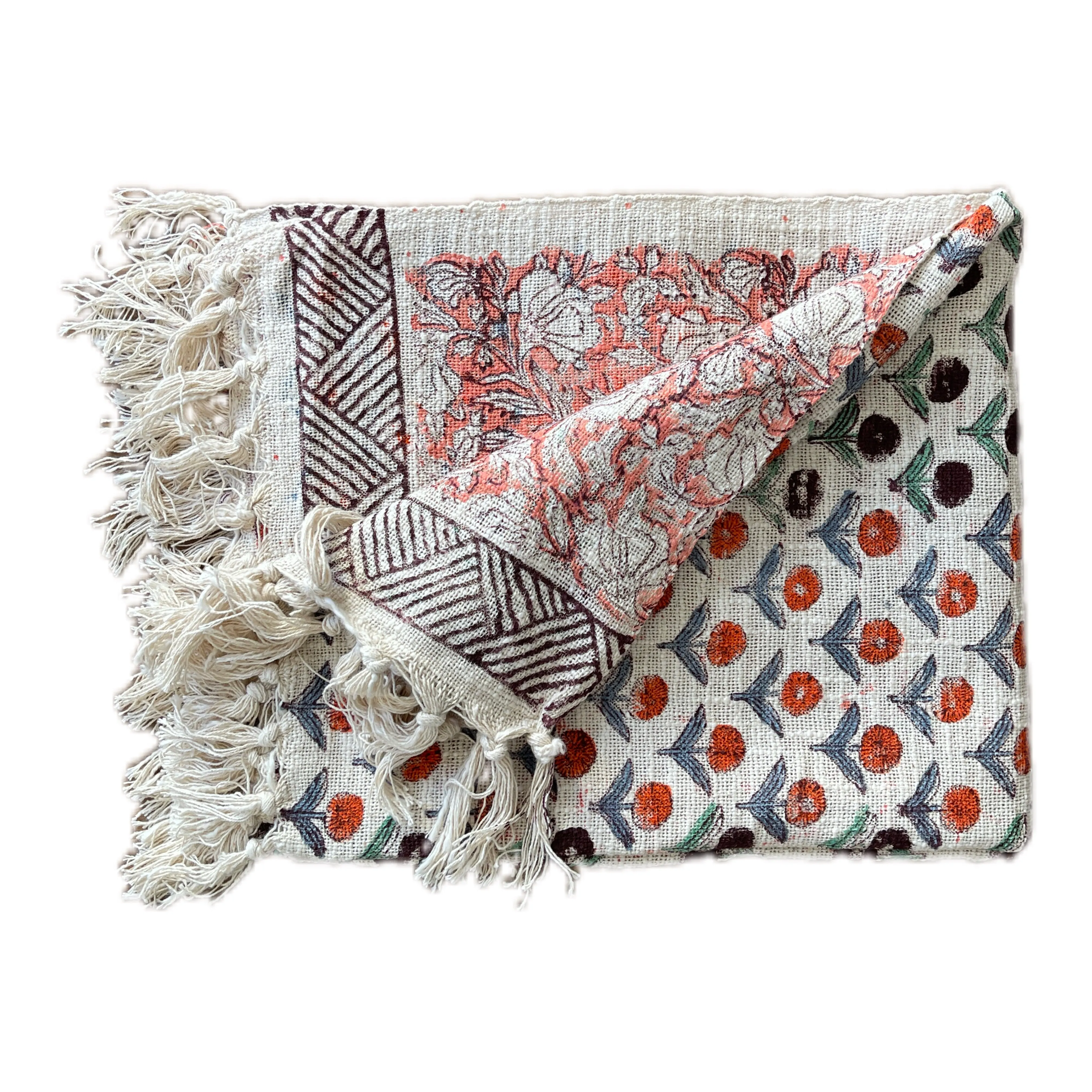Bohemian Hand Block Bud Printed Cotton Bedding Throw Blanket