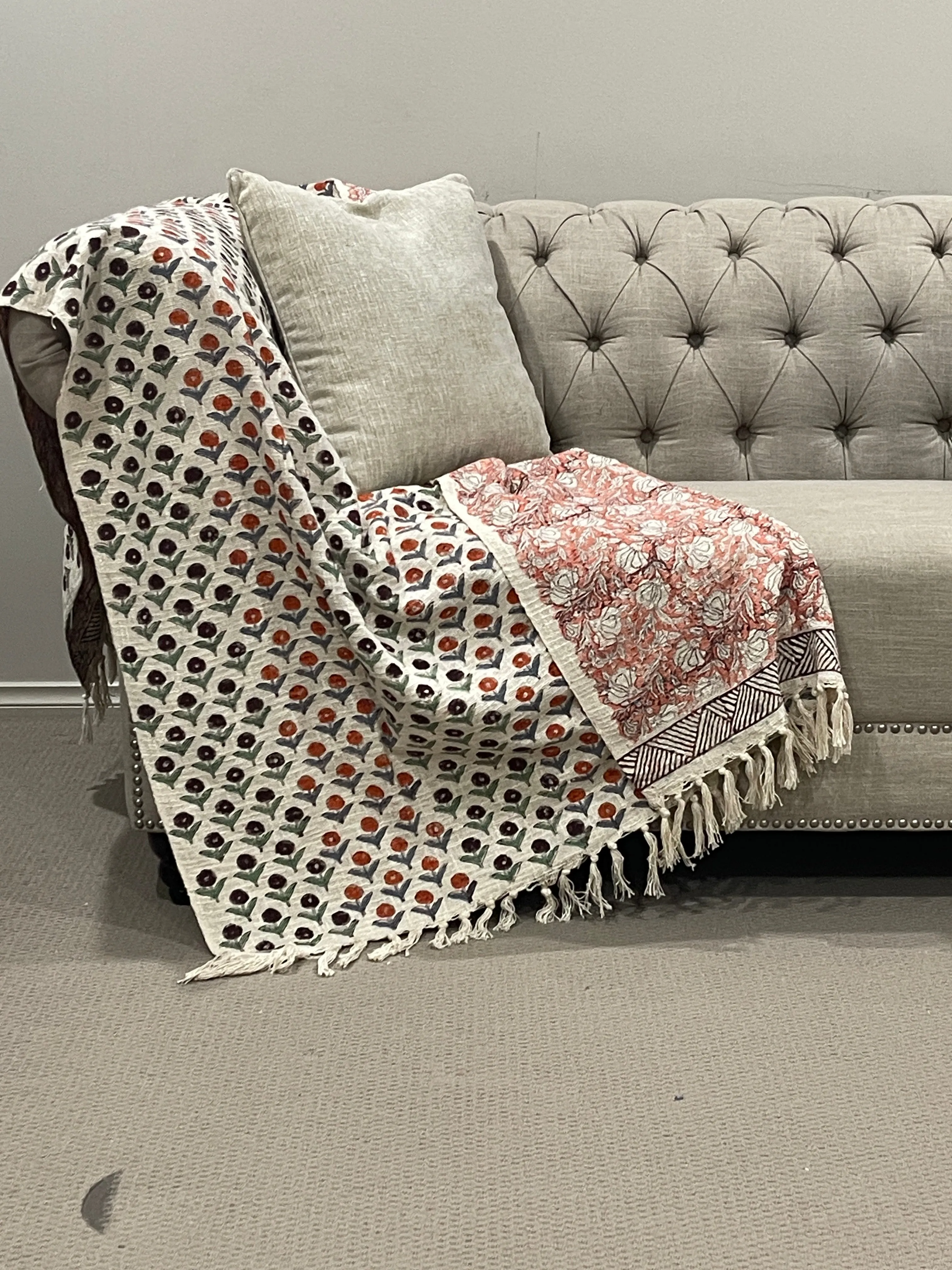 Bohemian Hand Block Bud Printed Cotton Bedding Throw Blanket