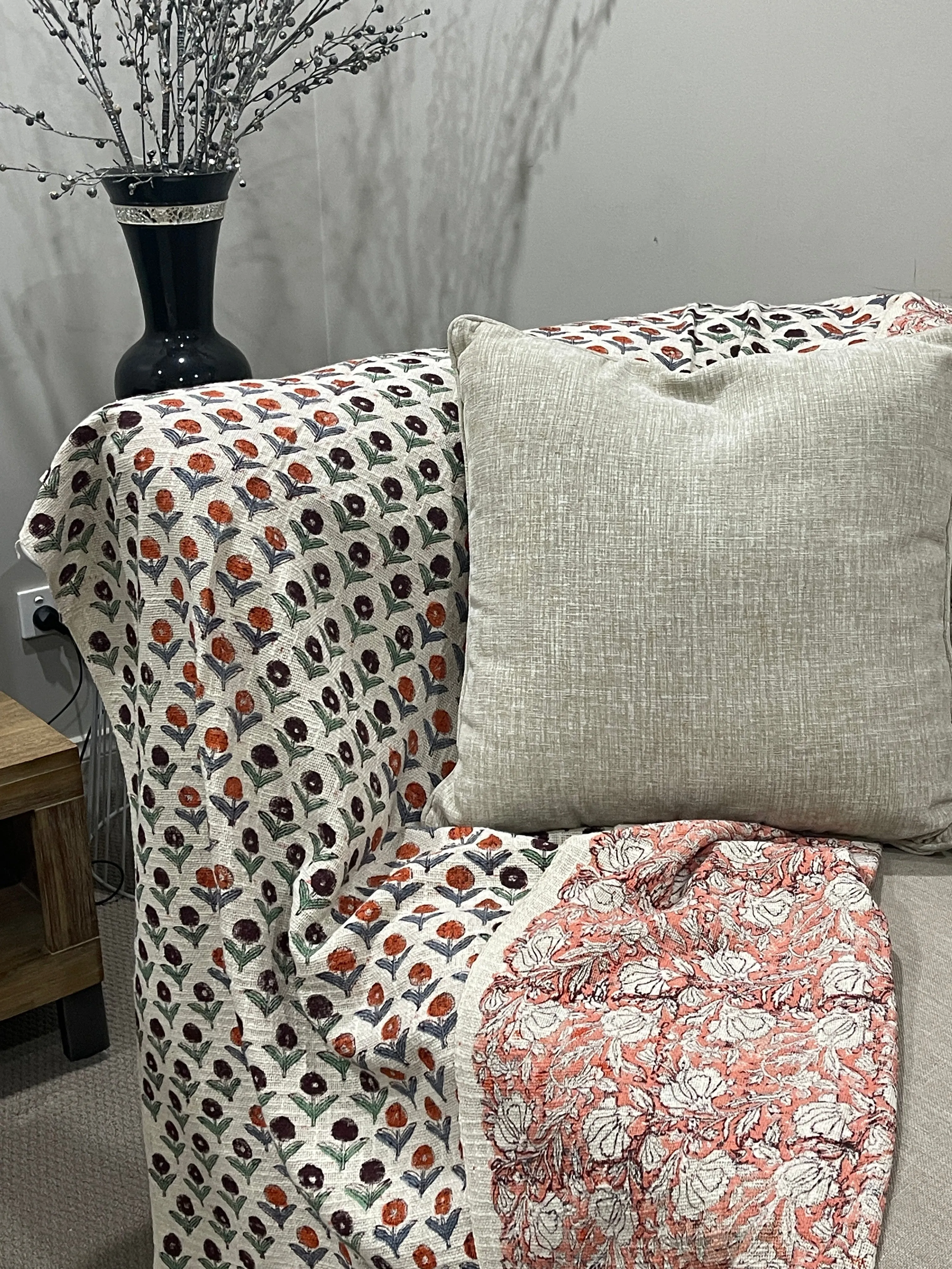 Bohemian Hand Block Bud Printed Cotton Bedding Throw Blanket