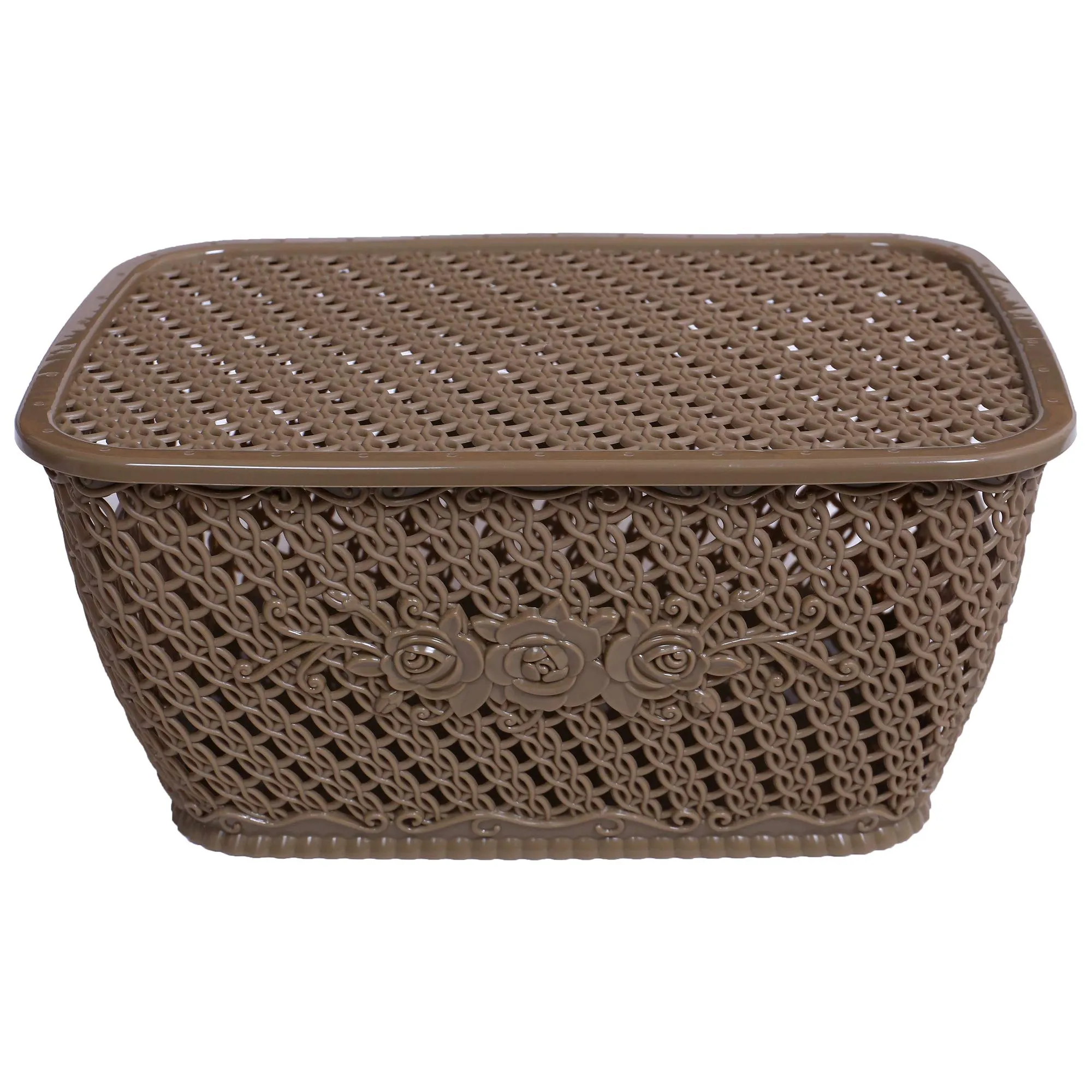 Kuber Industries Plastic 3 Pieces Small Size Multipurpose Solitaire Storage Basket for Kitchen, Office, Bedroom, Bath Room with Lid (Brown & Coffee & Cream) CTKTC34284