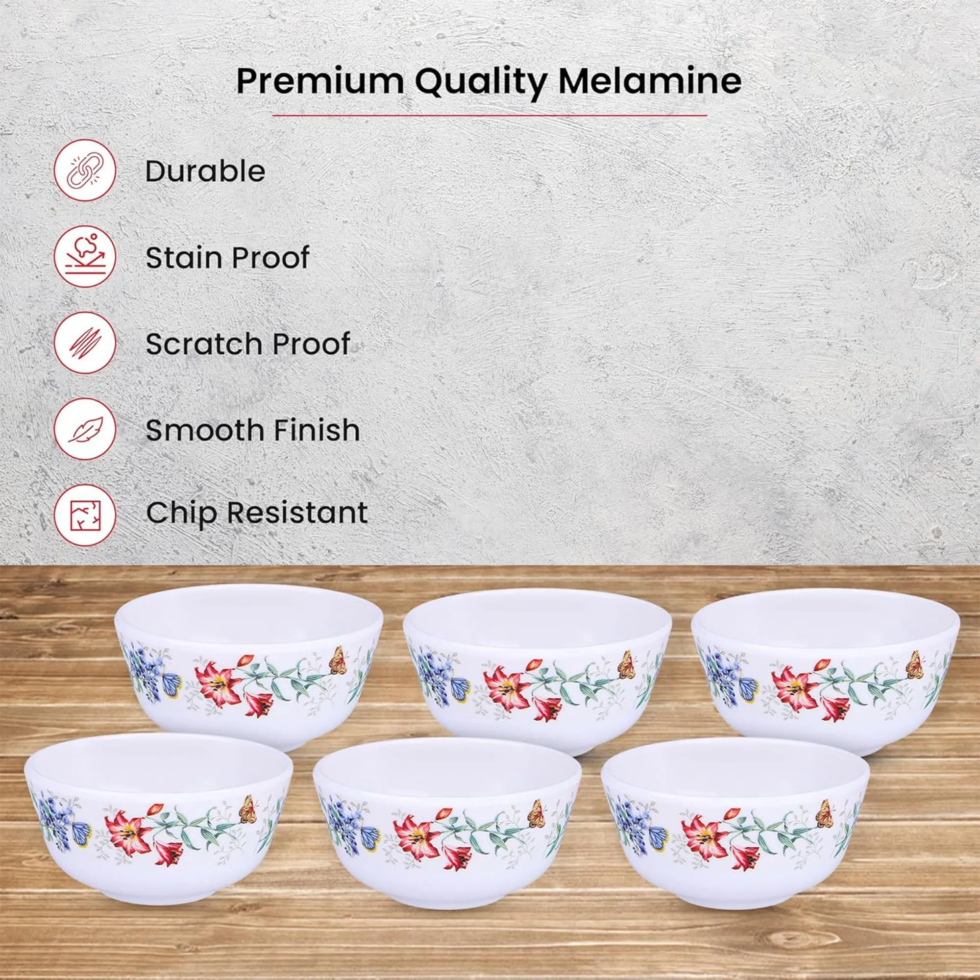 Kuber Industries Shatter Resistant Melamine White Bowls Set of 6 | Lightweight, BPA Free Aesthetic Bowl Set | Red&Blue Floral Print - White