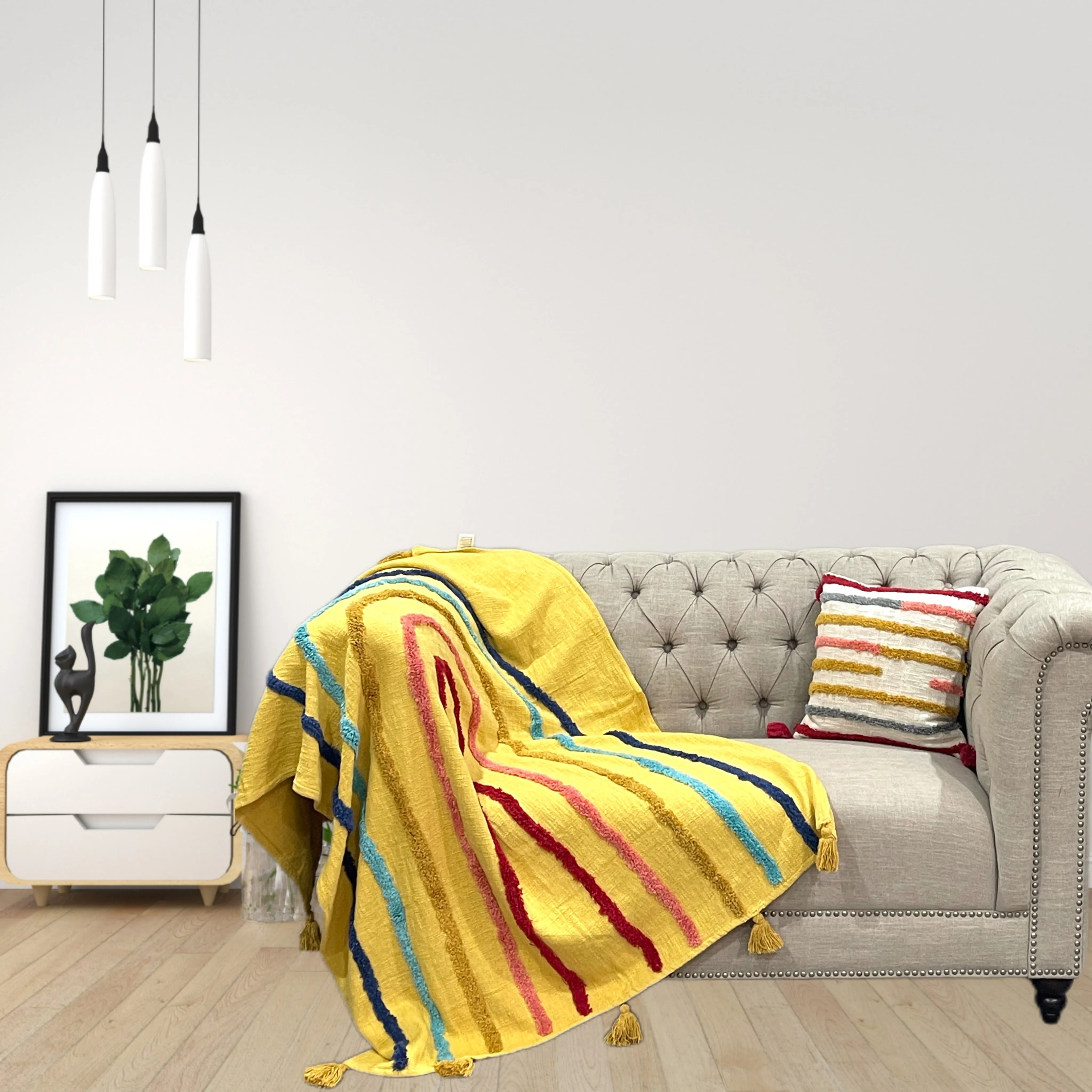 Minimalistic Mustard Rainbow Cotton Tufted Bedding Throw Blanket