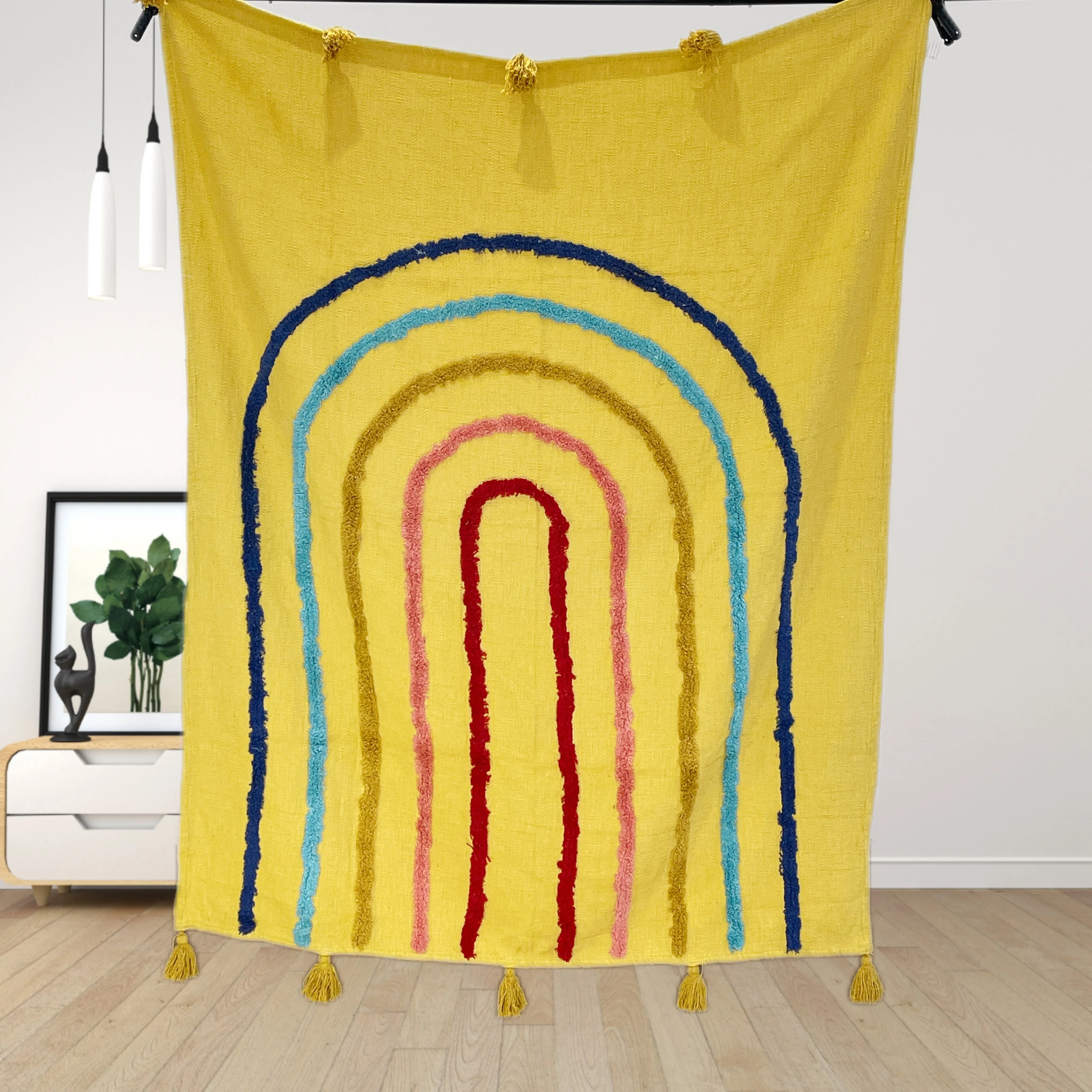 Minimalistic Mustard Rainbow Cotton Tufted Bedding Throw Blanket