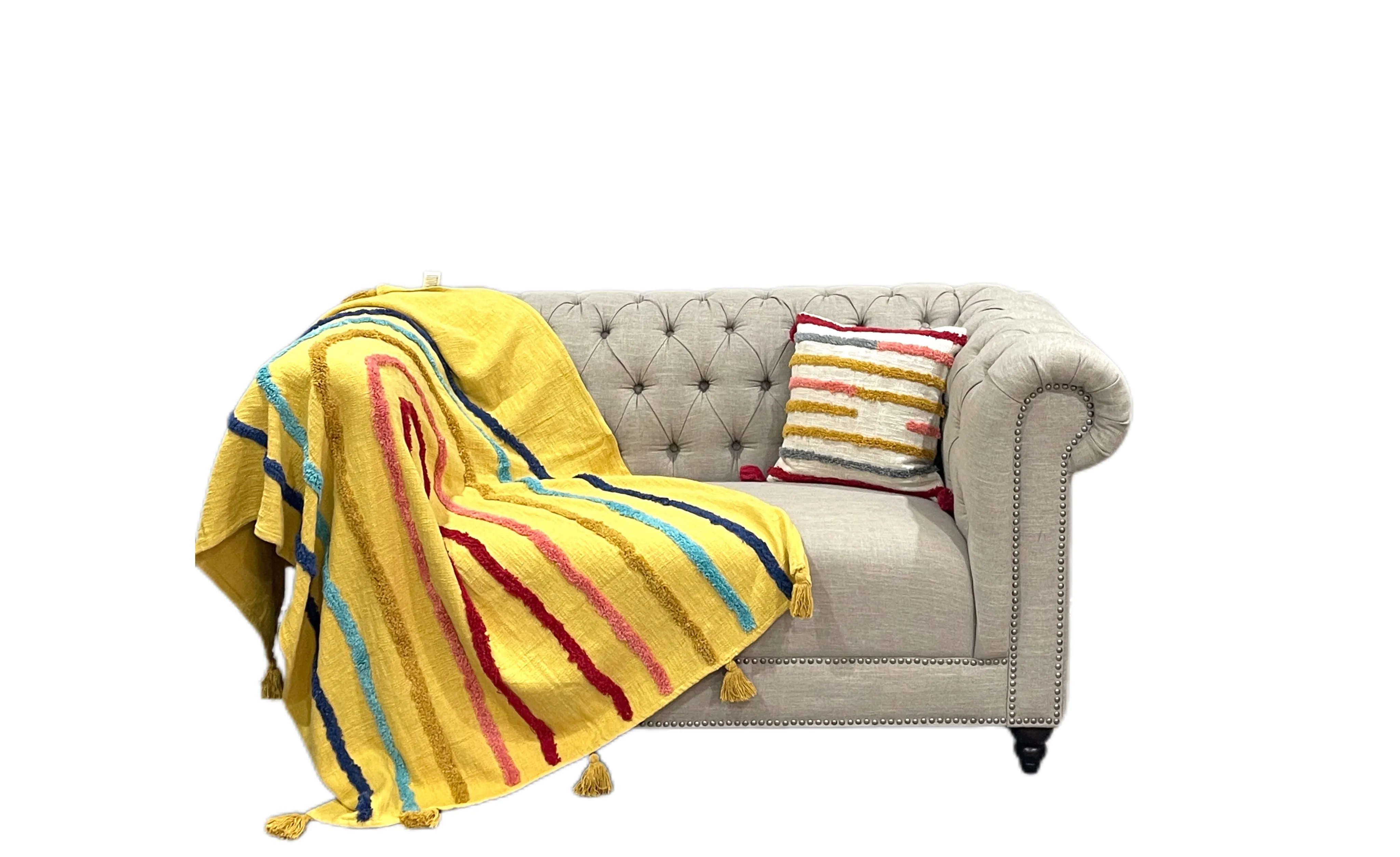 Minimalistic Mustard Rainbow Cotton Tufted Bedding Throw Blanket