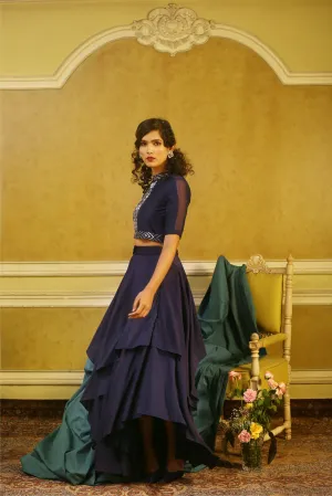 Navy Embroidered Sheer Shoulder Top & Origami Layered Skirt