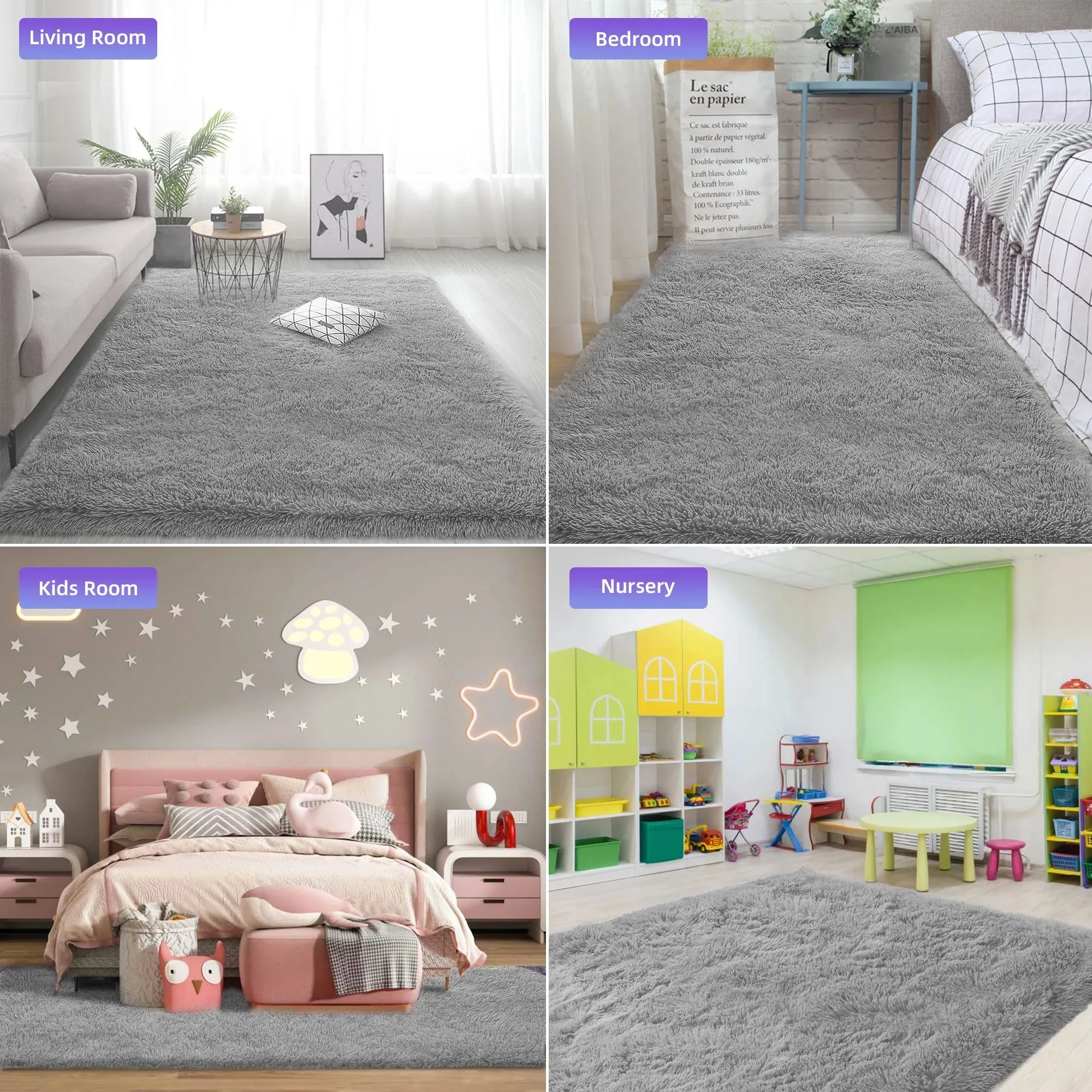 Nefoso Shag Light Gray Area Rug, 8' x 10' Soft Fluffy Area Rugs for Living Room Bedroom Kids Room Decor Carpet, Light Gray