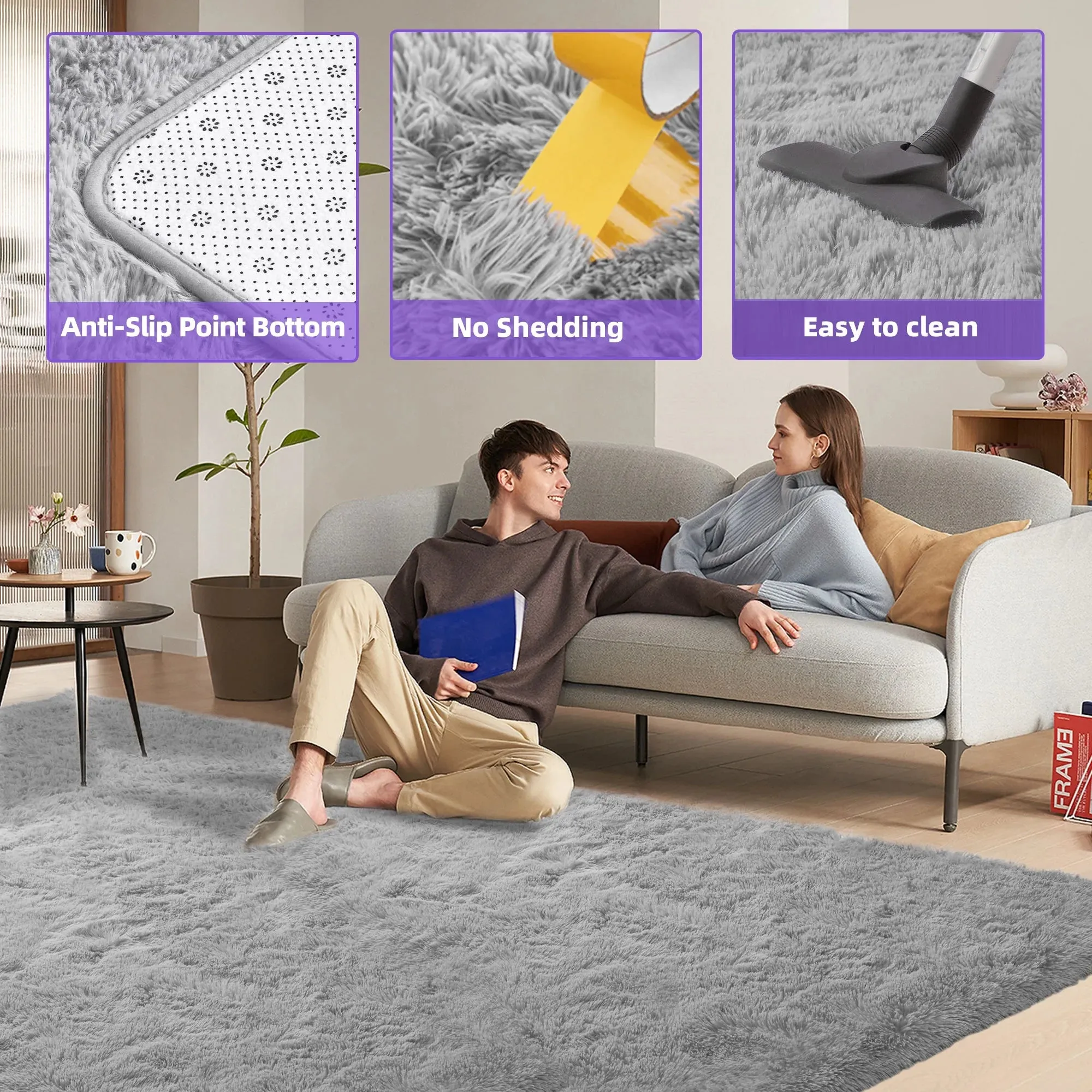 Nefoso Shag Light Gray Area Rug, 8' x 10' Soft Fluffy Area Rugs for Living Room Bedroom Kids Room Decor Carpet, Light Gray