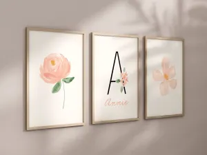 Personalized Blush Floral Set of 3 Nursery Art Prints, Pink Nursery Wall Art, Nursery Decor, Play Room, Girl Baby Room Ideas, 106