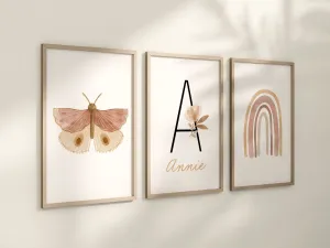 Personalized Boho Butterfly Floral, Set of 3 Nursery Art Prints, Butterfly Nursery Wall Art, Play Room, Girl Baby Room Ideas, 099