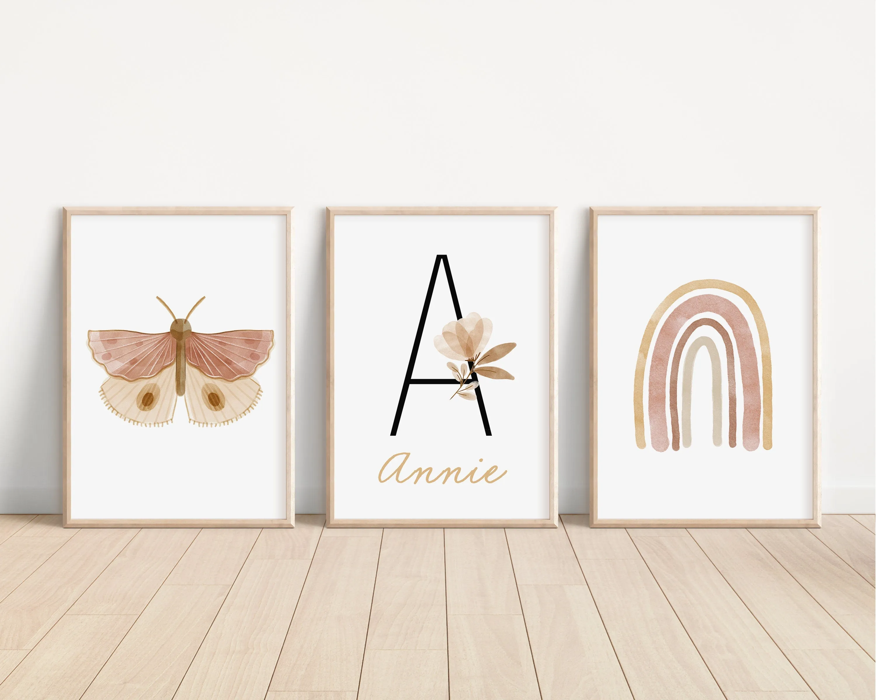 Personalized Boho Butterfly Floral, Set of 3 Nursery Art Prints, Butterfly Nursery Wall Art, Play Room, Girl Baby Room Ideas, 099