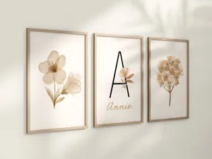 Personalized Boho Floral Set of 3 Nursery Art Prints, Nursery Wall Art, Neutral Nursery Decor, Play Room, Girl Baby Room, 097