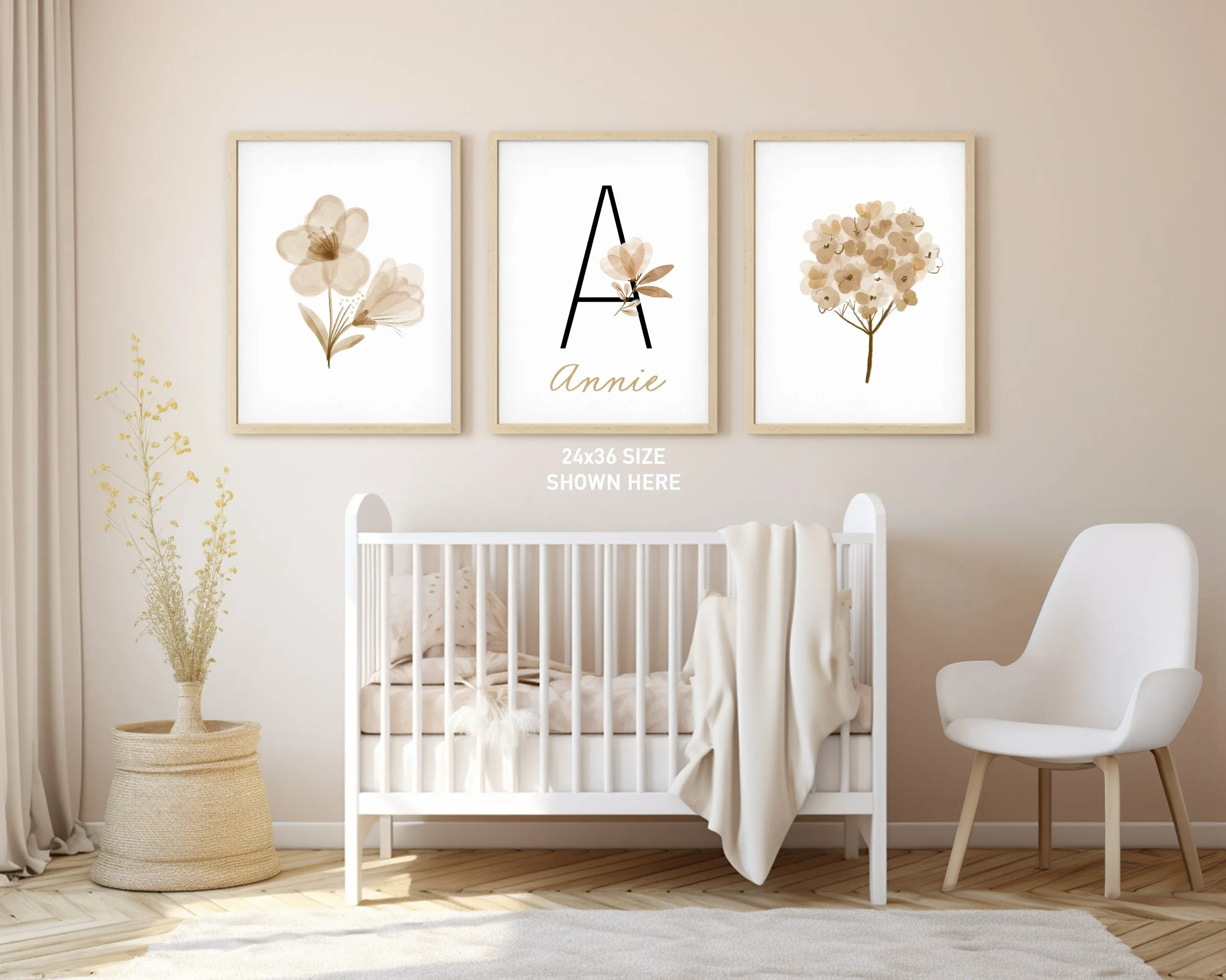 Personalized Boho Floral Set of 3 Nursery Art Prints, Nursery Wall Art, Neutral Nursery Decor, Play Room, Girl Baby Room, 097