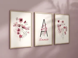 Personalized Set of 3 Maroon Boho Wildflowers Floral Art Prints, Wall Art, Bloom Bouquet, Nursery Decor, Play Room, Girl Baby Room Ideas 130