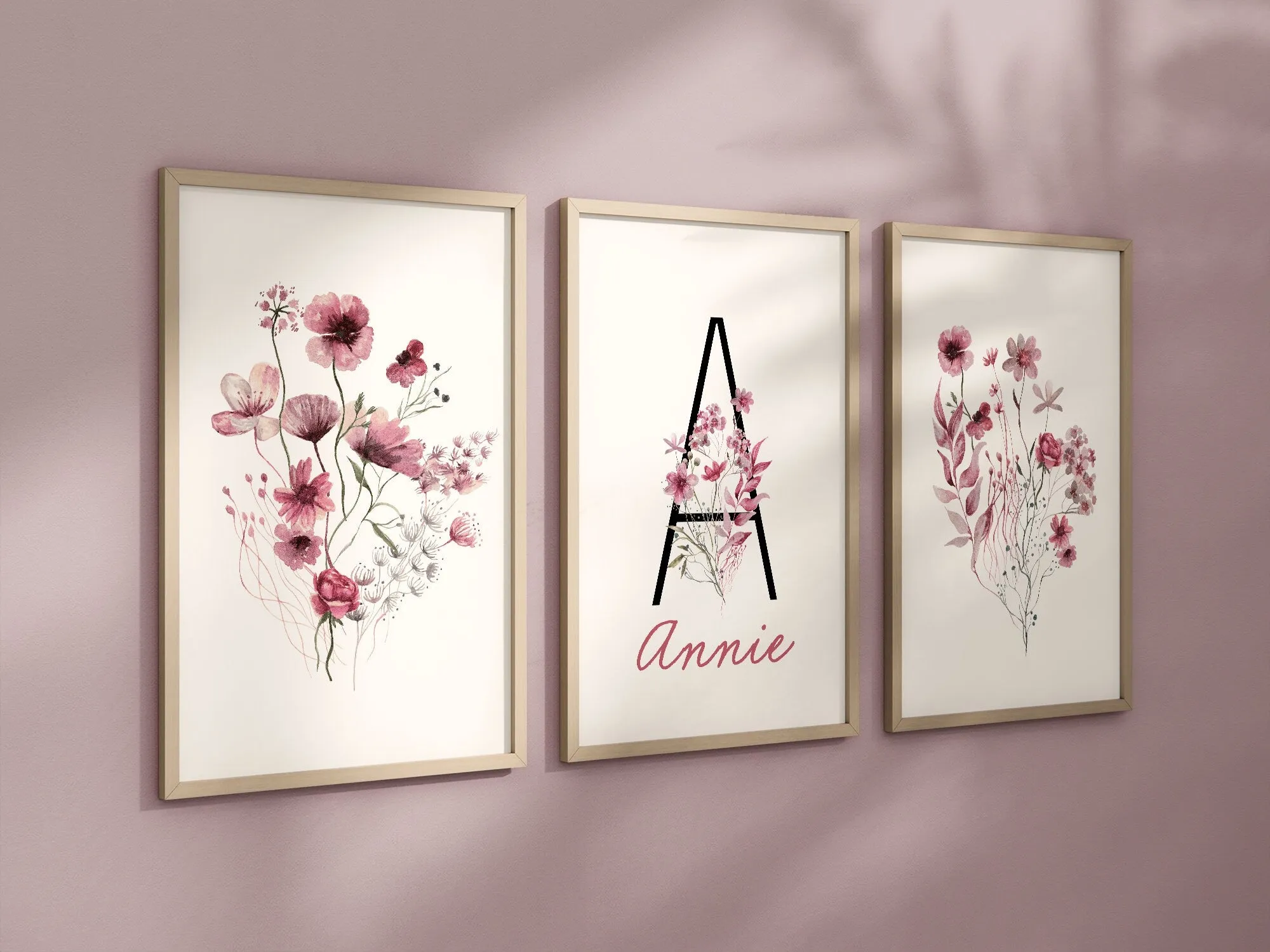 Personalized Set of 3 Maroon Boho Wildflowers Floral Art Prints, Wall Art, Bloom Bouquet, Nursery Decor, Play Room, Girl Baby Room Ideas 130