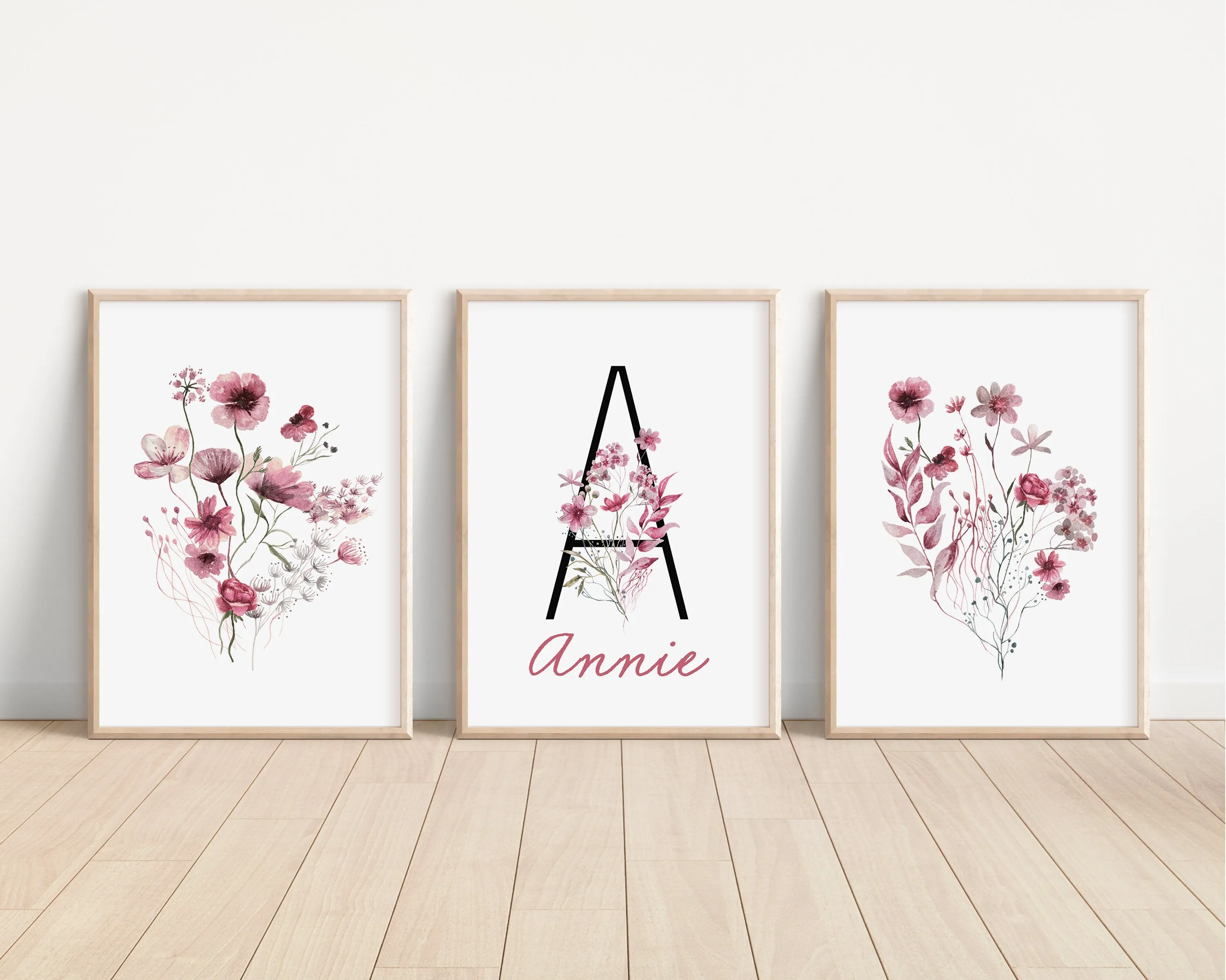 Personalized Set of 3 Maroon Boho Wildflowers Floral Art Prints, Wall Art, Bloom Bouquet, Nursery Decor, Play Room, Girl Baby Room Ideas 130