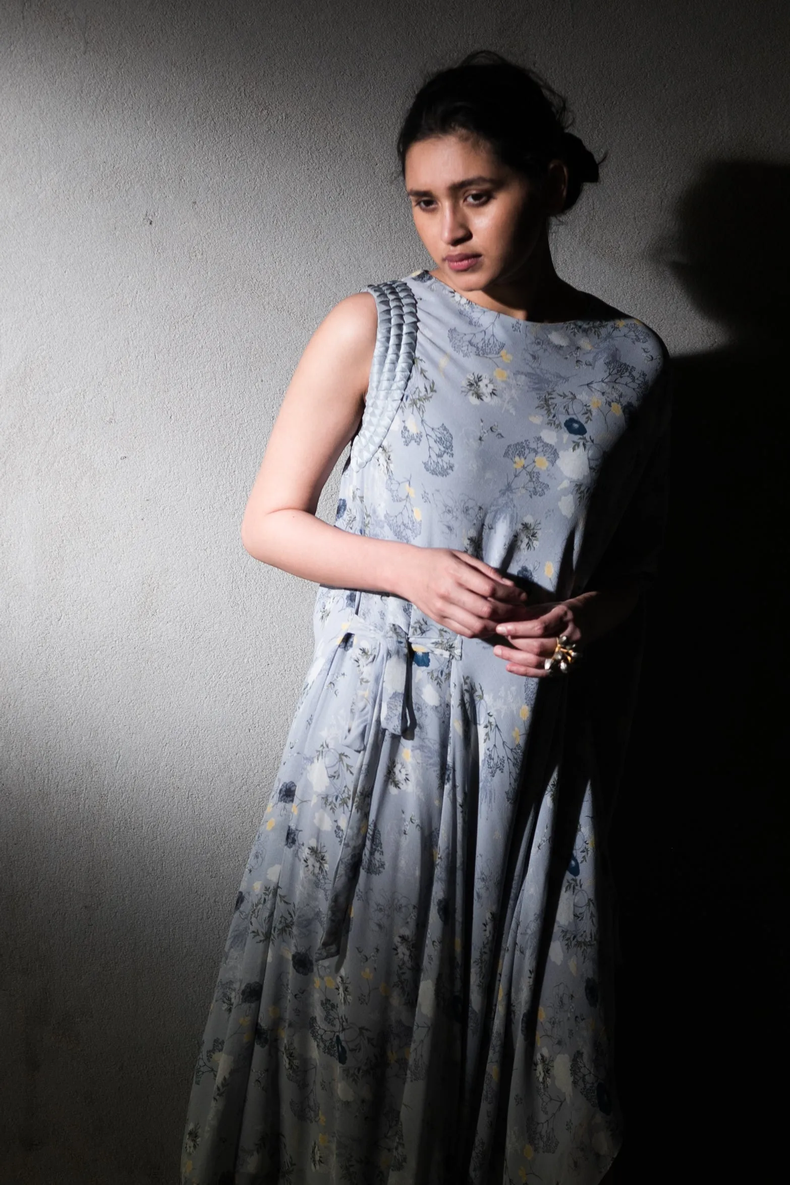 Powder blue floral origami dress