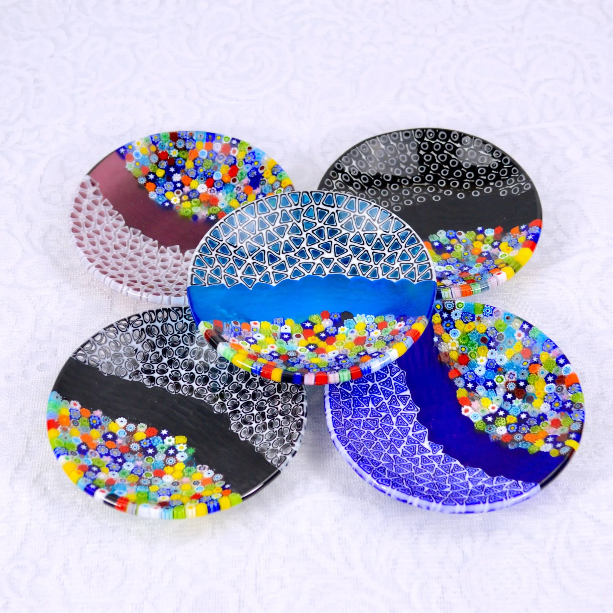 Round Murano Glass Luca Dish with Millefiori, Sky Blue, Signed by the artist