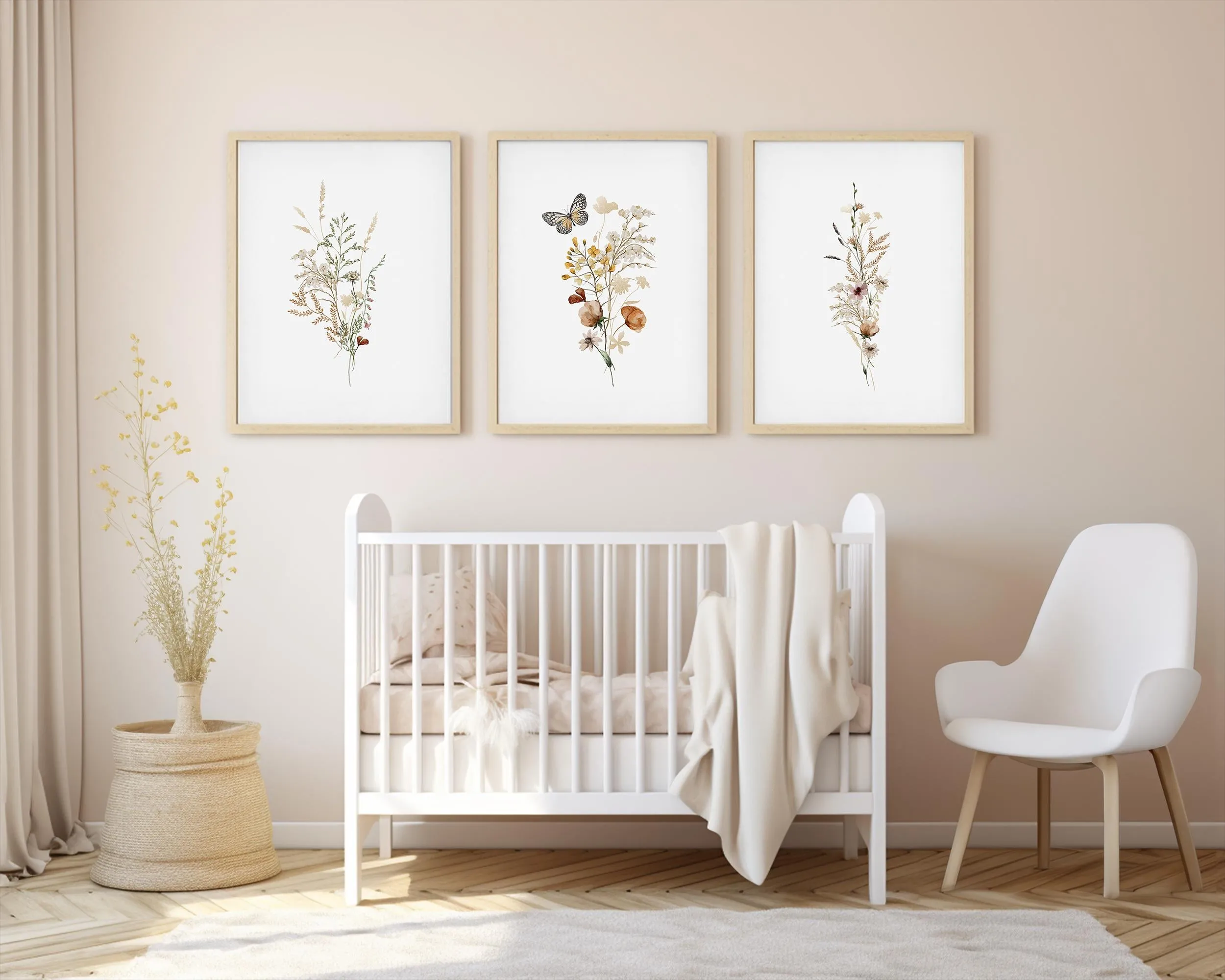 Set of 3 Boho Butterfly and Wildflowers Floral Art Prints