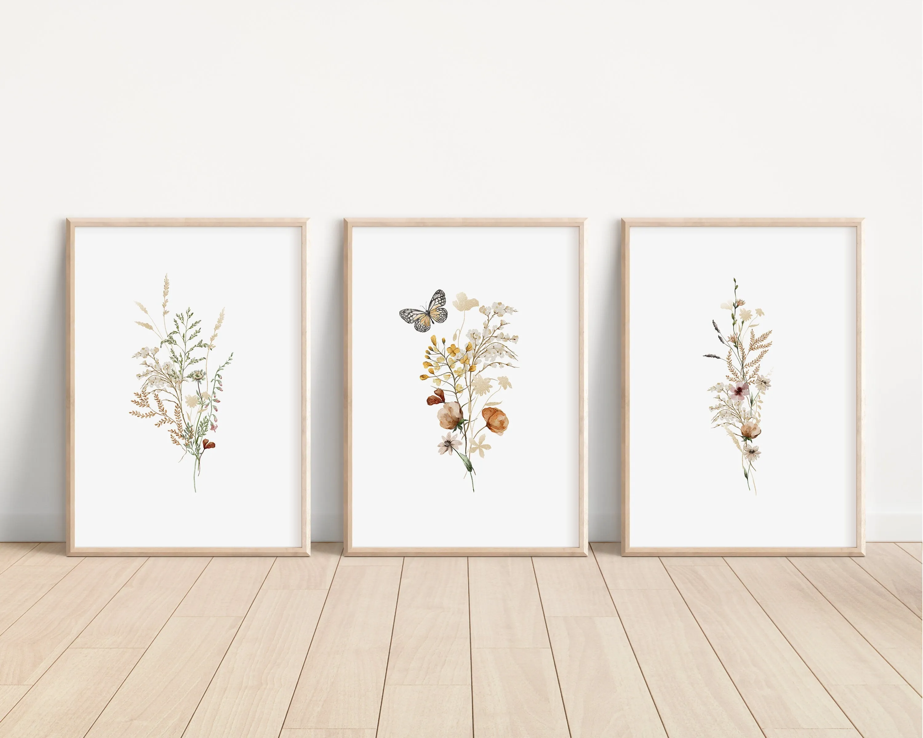 Set of 3 Boho Butterfly and Wildflowers Floral Art Prints
