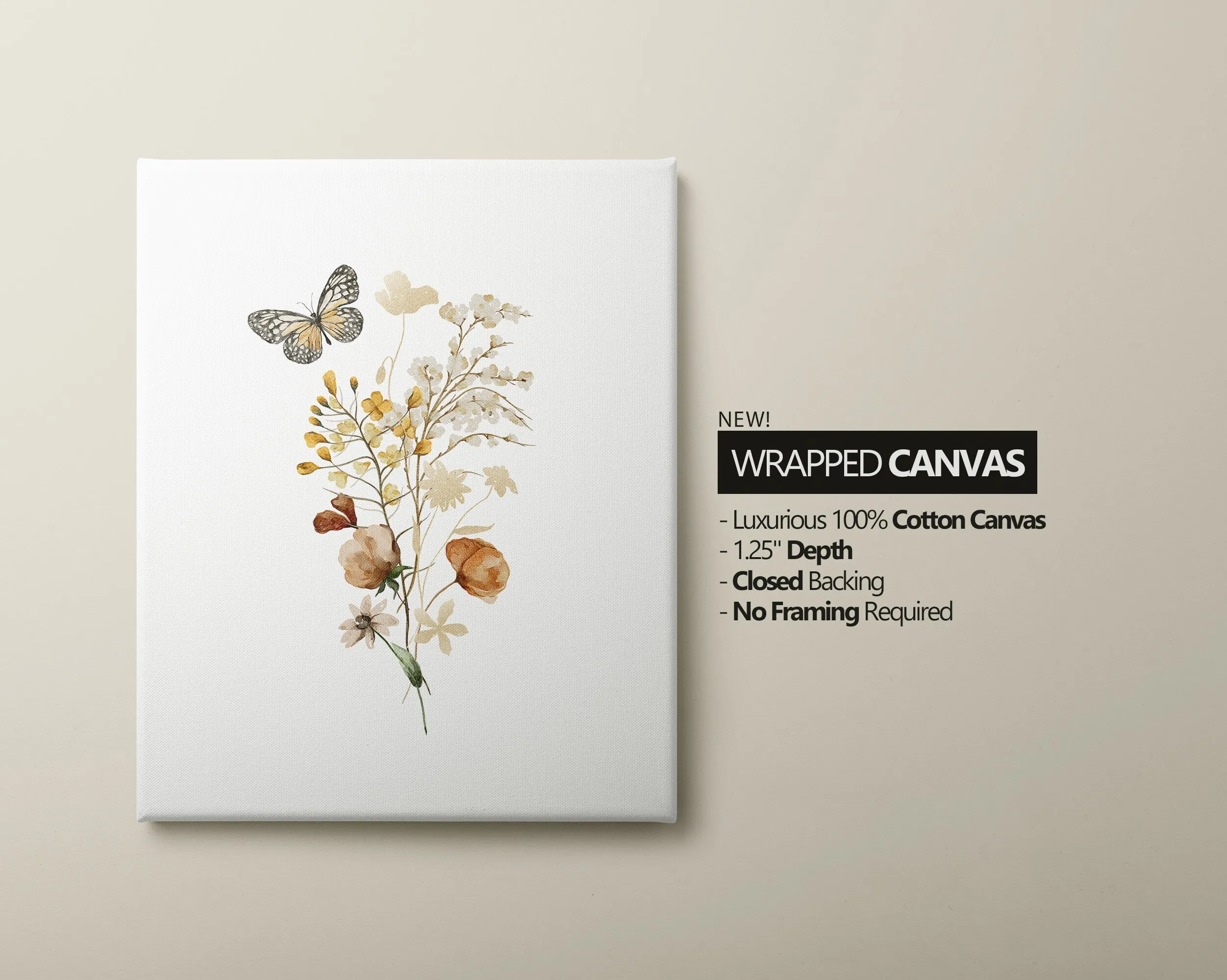 Set of 3 Boho Butterfly and Wildflowers Floral Art Prints