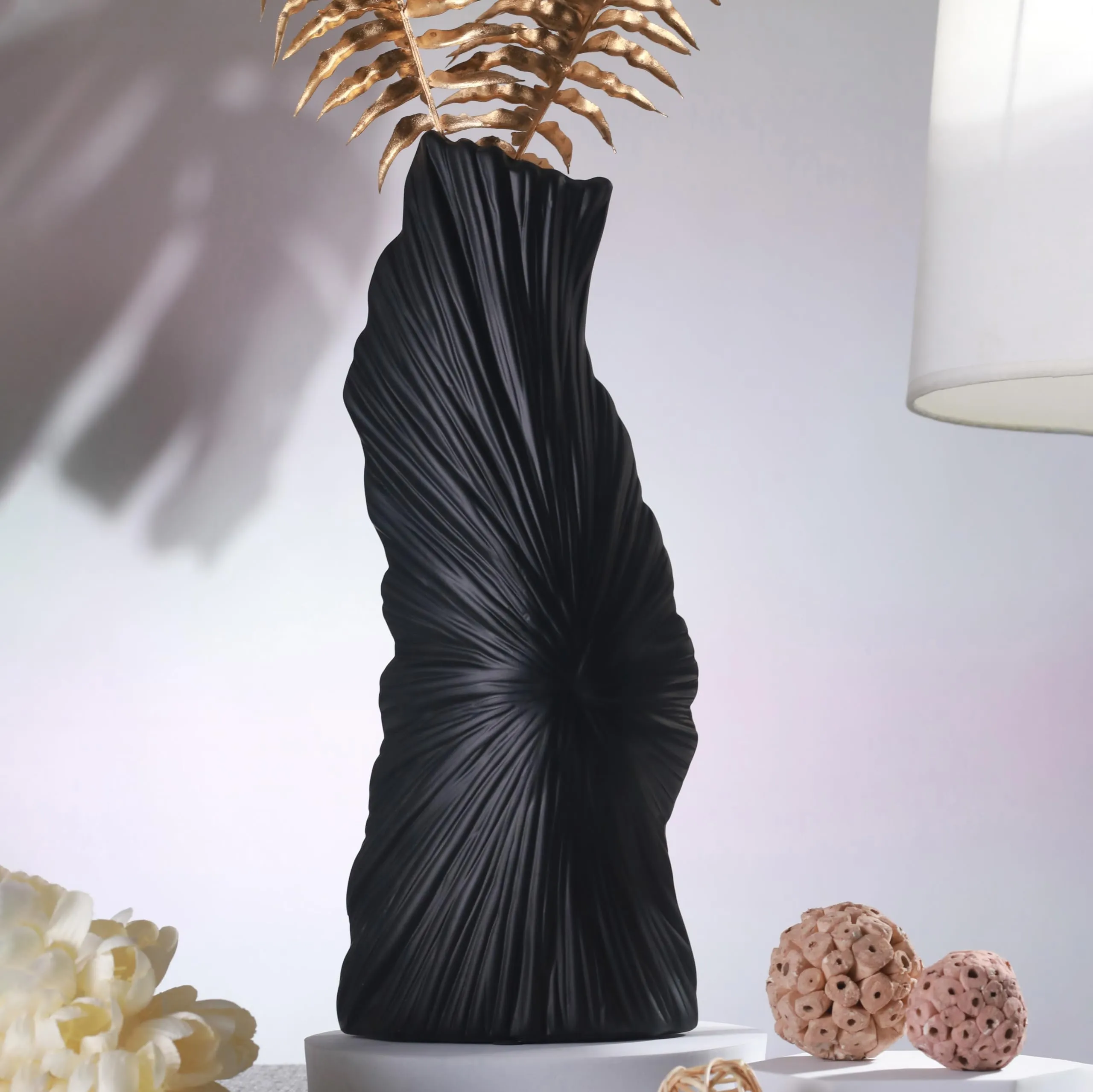TIED RIBBONS Spiral Ceramic Vase for Flowers Plants Home Decor Living Room Bedroom Centrepiece Office Table Decoration Items (Black, 27.9 cm x 12cm)