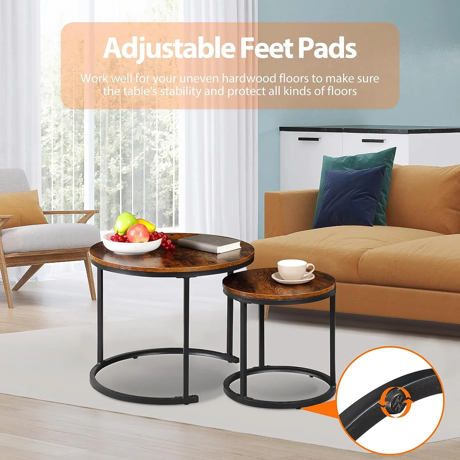 ZENY™ Nesting Coffee Table Modern End Table Set of 2 for Living Room Balcony Office, Round Wood Accent Side Coffee Tables with Sturdy Metal Frame